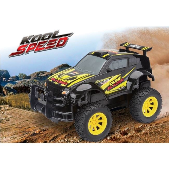 Masina Off Road, cu telecomanda, bara de protectie si de aer, functii complete, 31x17x18cm, negru-galben