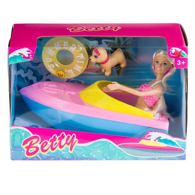 Papusa Manechin Betty cu costum de baie si barca, 2 accesorii incluse, varsta 3+ ani, 30x15x20cm, multicolor