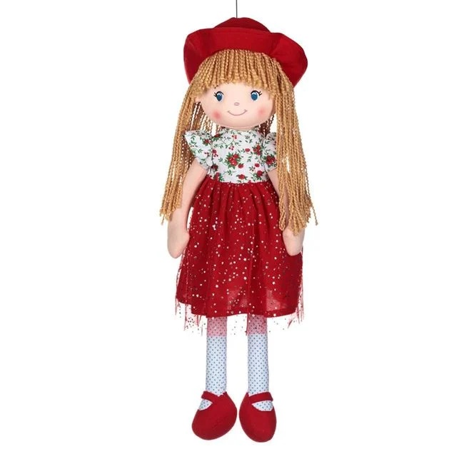 Papusa textila, cu rochie rosie si palarie, dimensiuni 60cm, alb-rosu