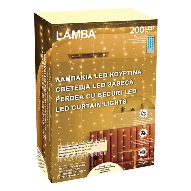 Perdea cu 200 de Becuri LED, Lumini Ritmice, Telecomanda, 2.13x1.89m, de Exterior si Interior, Lumina Calda - 3 | YEO