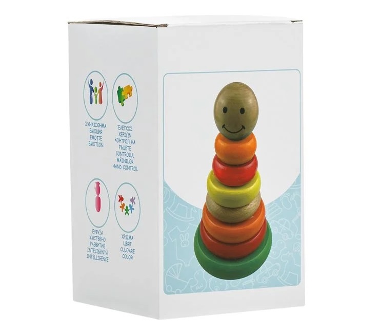 Piramidă Educativă din Lemn, cu 6 Inele si Vârf, 11.5x19 cm