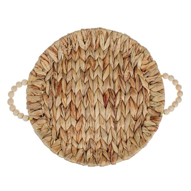 Platou decorativ rotund cu manere din margele de lemn, pentru decoratiuni sau servit, din jacint de apa, 35x18x2.5 cm, bej - 1 | YEO
