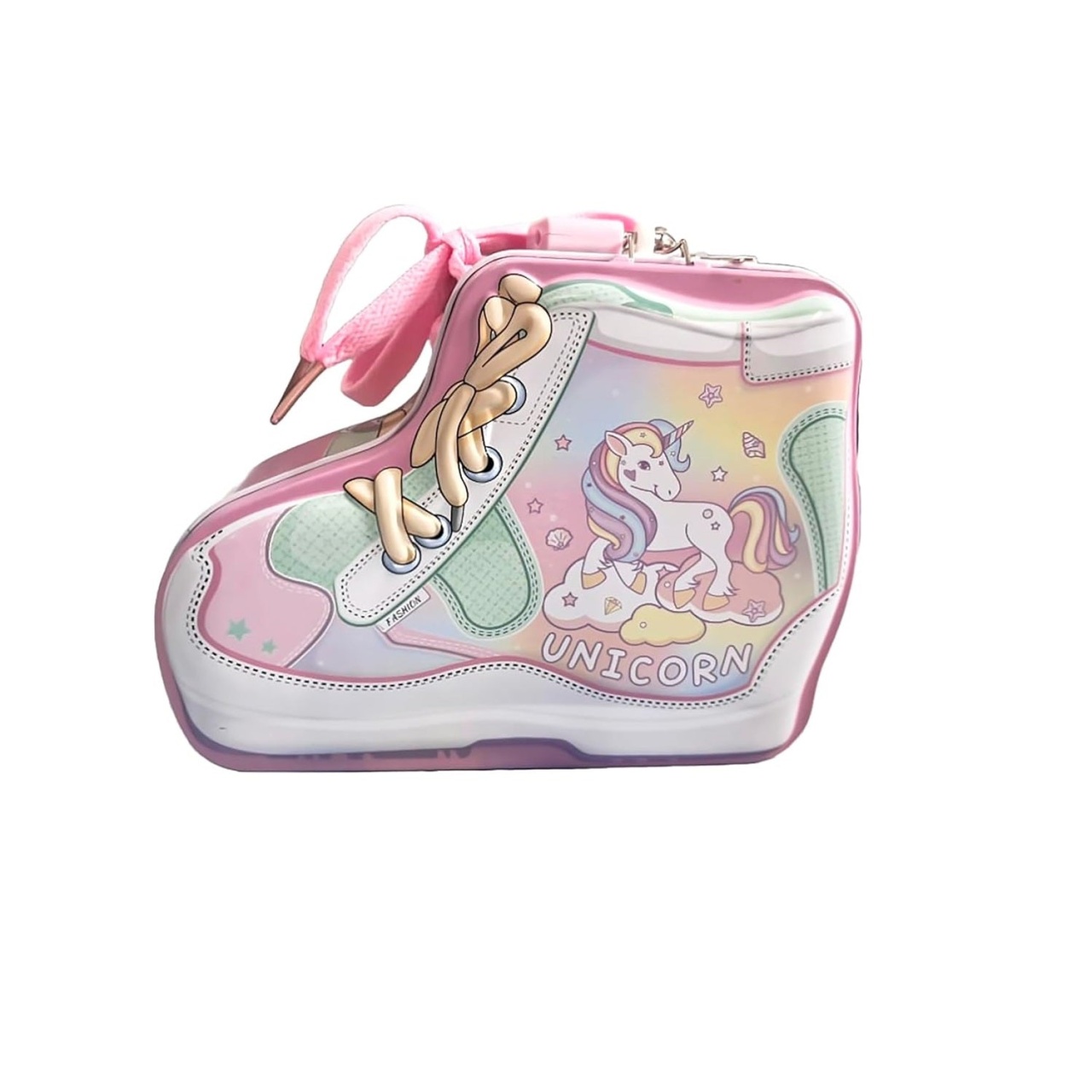 Pusculita pentru Copii, in Forma de Pantof Sport, Dino/Unicorn, cu Lacat, 12x15x6cm, Bleu/Roz - 1 | YEO