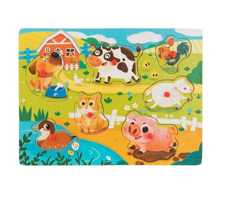 Puzzle cu Animale de la Fermă, din lemn, 7 piese, 30x22.5 cm