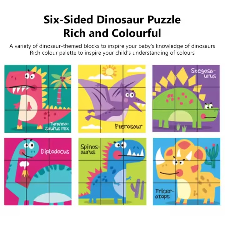 Puzzle Educativ 6 in 1, Dinozauri, cu 9 Piese, 18x18x6cm, Multicolor - 1 | YEO