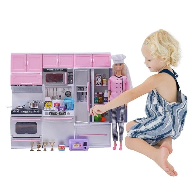 Set de joaca cu aragaz si papusa bucatar, cu accesorii incluse, din plastic, varsta 3+ ani, 60x8x36cm, roz - 1 | YEO