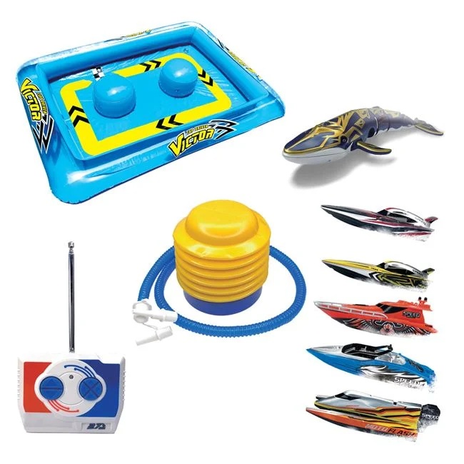 Set de lupta, barca de viteaza cu piscina gonflabila si balena, 59x12.5x39.5cm, multicolor