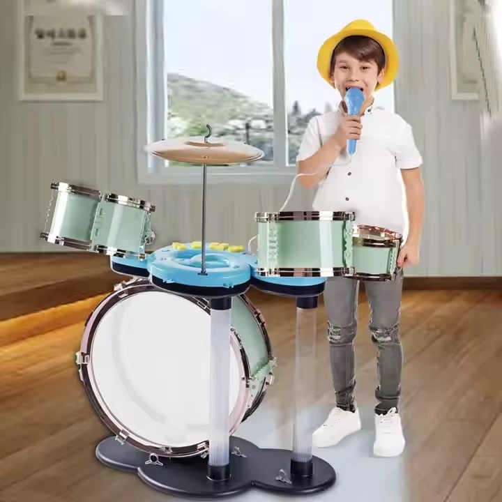 Set de tobe de jazz pentru copii 3 ani+, cu scaunel, roz/verde - 2 | YEO