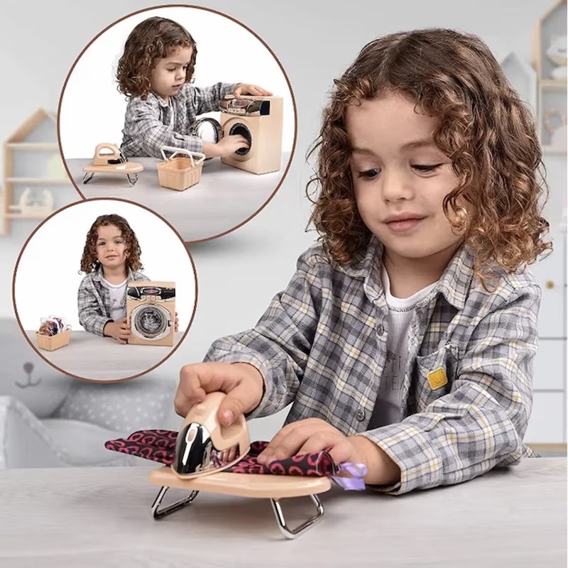 Set masina de spalat rufe si fier de calcat, pentru copii 3 ani+, cu sunete si lumini, accesorii realiste, functii tactile, crem - 1 | YEO