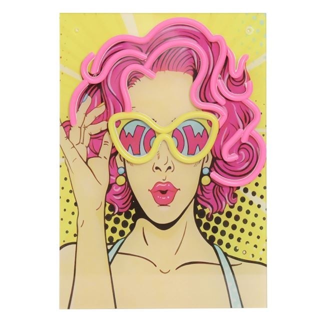 Tablou decorativ acrilic, lumini LED Neon, cu model femeie, 23.8x34 cm, multicolor - 1 | YEO