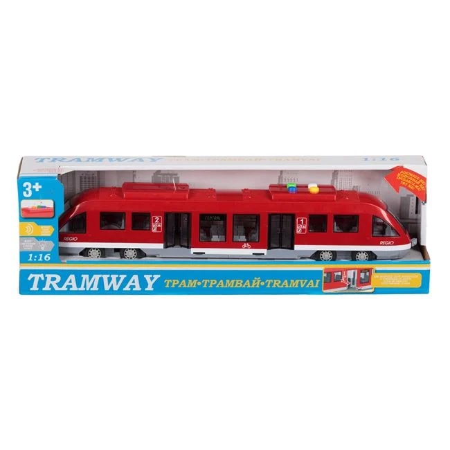 Tramvai cu usi care se deschid, cu lumini si sunete realiste, 48x10.5x14cm, rosu