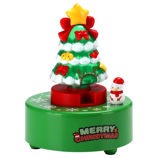 Cutie muzicala in forma de brad de Craciun, din ABS, rotativa si cu lumini, 12x7x14cm, verde cu rosu si galben