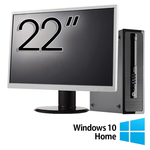 Pachet Calculator Refurbished HP 400 G1 SFF Intel Core i5-4570 3.20GHz 8GB DDR3 256GB SSD DVD-RW + Monitor 22 Inch + Windows 10 Home