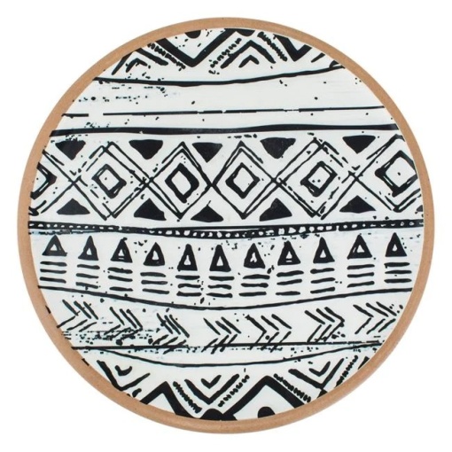 Platou decorativ rotund, pentru decoratiuni sau servit, din lemn cu model liniar, Ø38x2cm, bej/negru