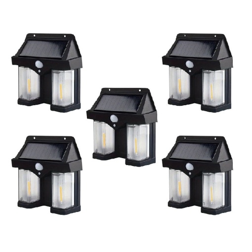 Set 5 x Lampi solare duble pentru perete, 2W, 1200LM, protectie intemperii IP65, pentru casa sau gradina, negru