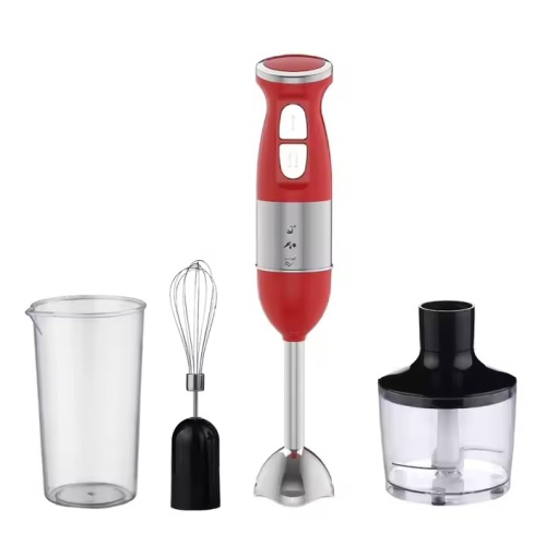 Blender de mana 4 in 1, NF-8008S, 500W, cu 4 accesorii, tel, bol de 600ml, cana de 500ml, 2 viteze, 37 cm, ABS si inox, rosu-argintiu