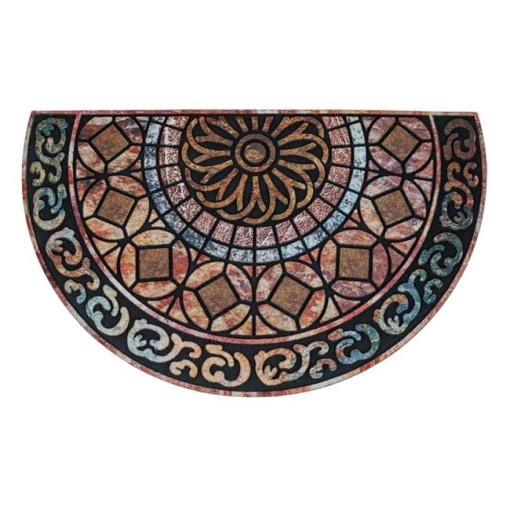 Covoras in forma de semicerc pentru intrare, din cauciuc cu suprafata textila, model reliefat tip mandala, 75x45 cm, multicolor