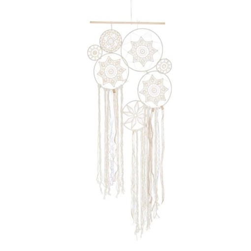 Decoratiune de perete tip macrame cu cordon gros de bumbac de culoare bej, cu franjuri lungi si panglici de culoare bej, cu dantela si iuta si model cu 6 talismane de vise, 50x110 cm, bej
