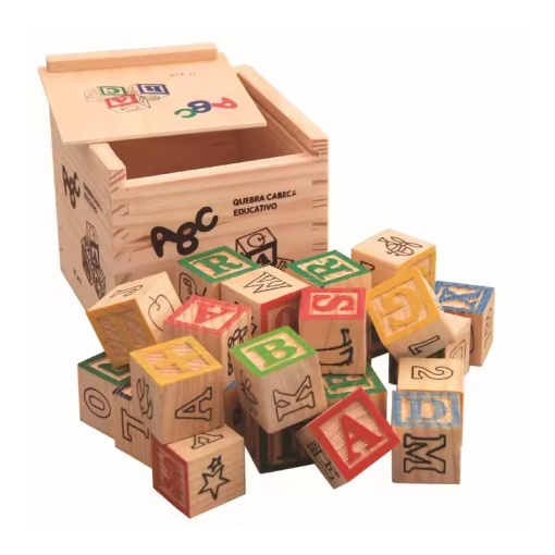 Joc educativ cu cuburi, alfabet, cifre, obiecte si animale, cu 27 piese si cutie din lemn, 11x11x10.5 cm, multicolor
