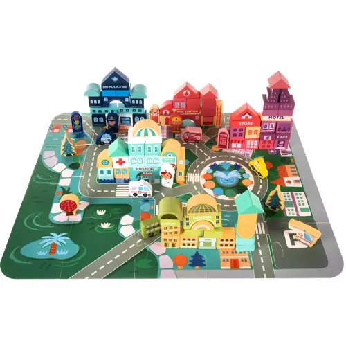 Joc tip puzzle cu oras si blocuri de lemn, 100 piese, multicolor