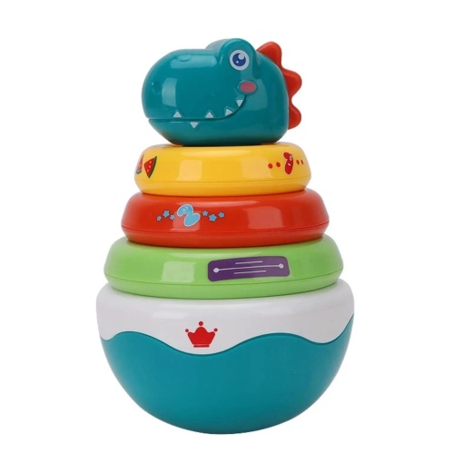 Jucarie pentru bebelusi 6 luni+, Roly Poly dinosaur, piramida cu inele si sunete, plastic, 16.5x11x11 cm, multicolor