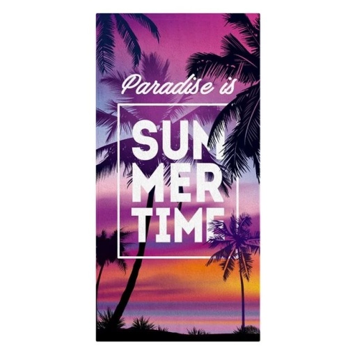 Prosop pentru plaja, Model cu Palmieri si text "Summer Time", din Bumbac, 150x75cm, Lila-Negru