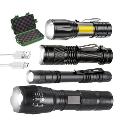 Set 4 Lanterne Tactice LED, Reincarcabile USB, Focus Ajustabil, Impermeabile, Aluminiu, Negru