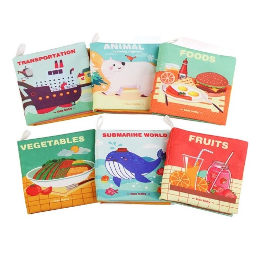 Set 6 carti educative, senzoriale, textile, pentru bebelusi 3 luni+, 12x10x2 cm, multicolor