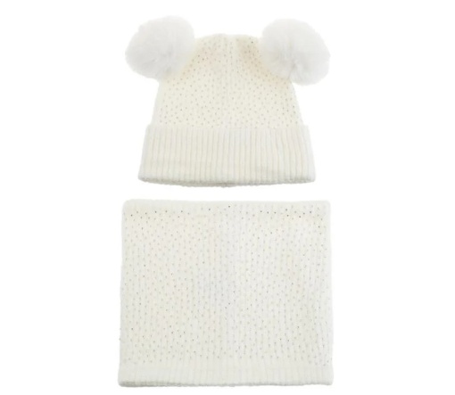 Set Caciula cu Strasuri, Urechi Pompon si Fular, captuseala fleece, 6 ani, ecru