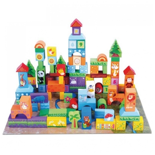 Set constructie cu 102 cuburi din lemn, animalele si mediul inconjurator, pentru copii 3 ani+, multicolor