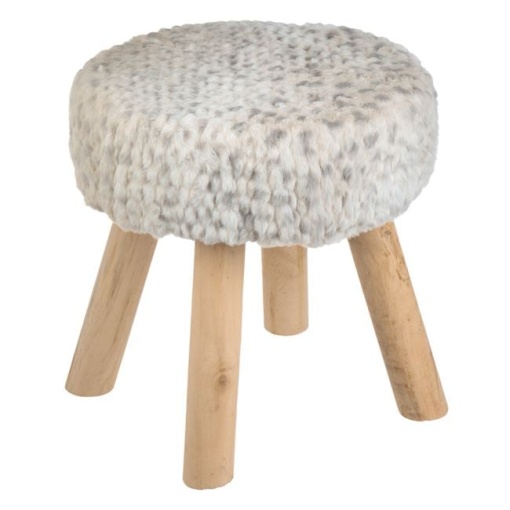 Taburet (otoman) decorativ cu cadru si 4 picioare din lemn, captusit cu tesatura cu aspect de blana cu buline, Ø33x34 cm, gri