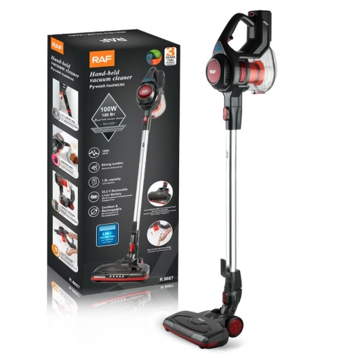 Aspirator fara fir si sac, RAF R8667, 100 W, 2 accesorii, filtru HEPA, 115x25 cm, negru-rosu