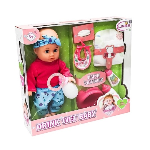 Bebelus de jucarie care bea si uda scutecul, Drink Wet Baby, cu hainute si accesorii, pentru copii de 3+ ani, roz-albastru