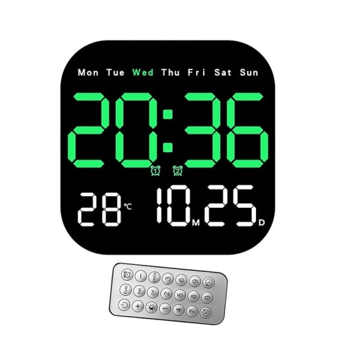 Ceas digital de perete/masa, cu telecomanda, afisaj LCD ajustabila, 6 afisaje, 18.5x18.5x2.8cm, negru cu verde/albastru/alb/roz/portocaliu