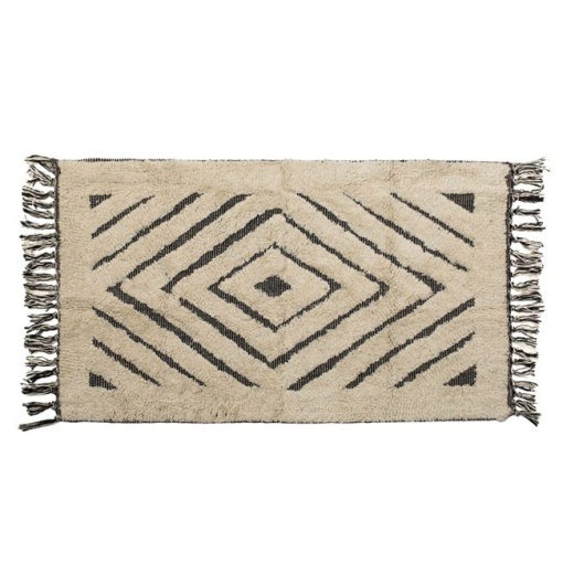Covoras decorativ pentru iarna, din bumbac, model in forma de diamant cu franjuri, 90x60 cm, bej