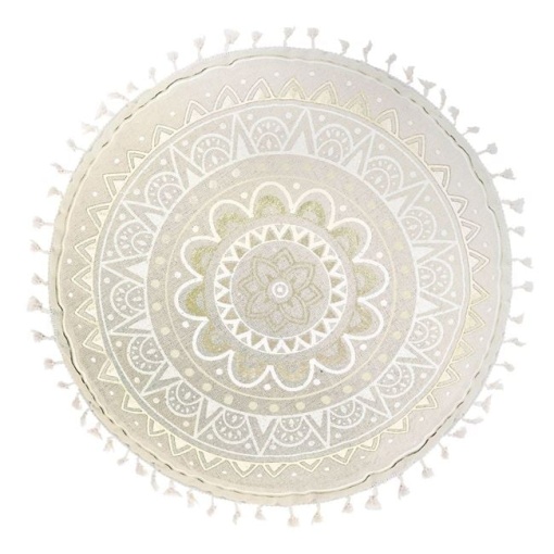 Perna de podea rotunda, model mandala cu franjuri, fara fermoar, Ø60 cm, bej/auriu