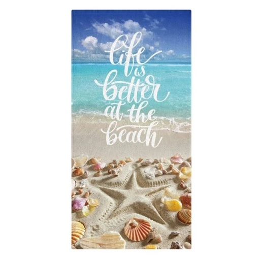 Prosop pentru Plaja, Model Scoici si text "The Life is Better", 150x75cm, Albastru Turcoaz