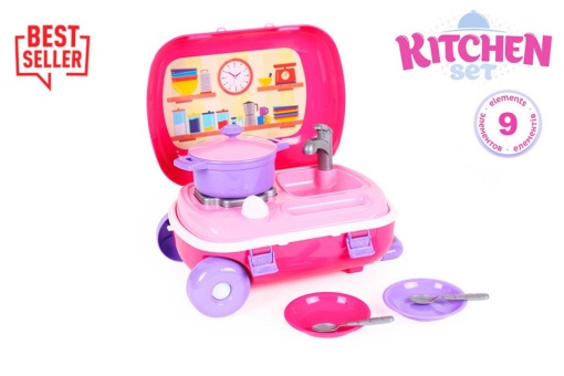Set de joaca pentru copii cu mini bucatarie in troliu roz si accesorii