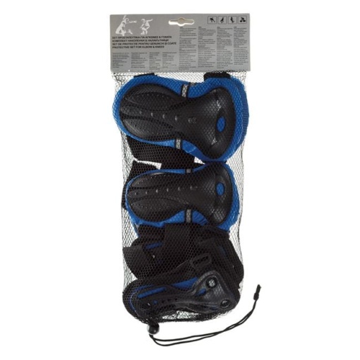Set echipament de protectie cu genunchiere, cotiere si aparatori incheieturi, 6 piese reglabile, negru-albastru