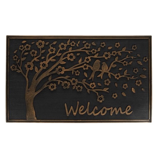 Covoras pentru intrare din cauciuc, cu model copac cu flori si pasari si mesajul WELCOME, 75x45 cm, negru