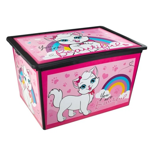 Cutie pentru jucarii, cu capac si roti, cu pisica, dimensiuni 52.5x37x31cm, capacitate 50L, roz