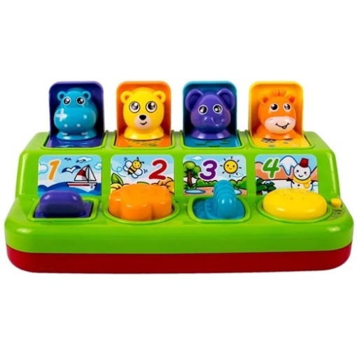 Jucarie tip pop up cu animale pentru bebelusi 1+ ani, 4 animale, Contine sunete si lumina, Dezvolta perceptia, Functionare cu 3 baterii AA (incluse), Plastic, 27x18x13cm, Multicolor