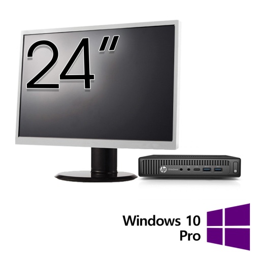 Pachet Calculator Refurbished HP EliteDesk 800 G2 Mini PC Intel Core i5-6500 3.20-3.60GHz 16GB DDR4 512GB SSD + Monitor 24 Inch + Windows 10 Pro