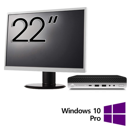Pachet Calculator Refurbished HP EliteDesk 800 G3 Mini PC Intel Core i7-7700T 2.90 - 3.80GHz 8GB DDR4 256GB SSD Wi-Fi + Monitor 22 Inch + Windows 10 Pro
