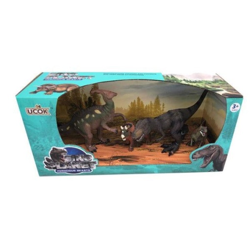 Set 4 dinozauri de jucarie - T-Rex, Velociraptor, Parasaurolophus si pui de Triceratops