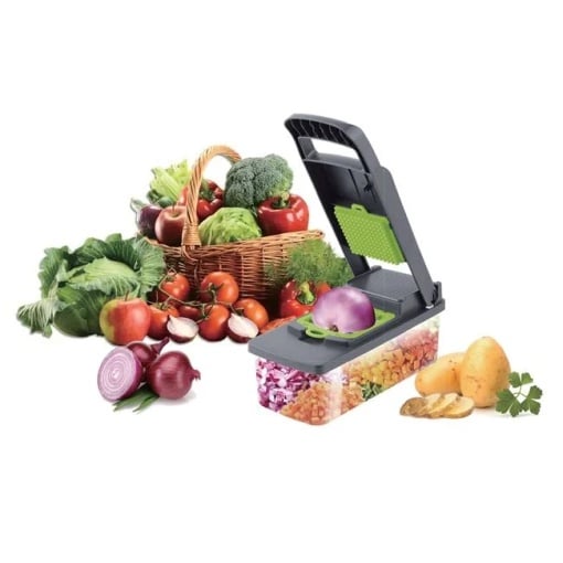 Set tocator legume si fructe, cu recipient si 12 accesorii, dimensiuni 33x12x12cm, verde-gri