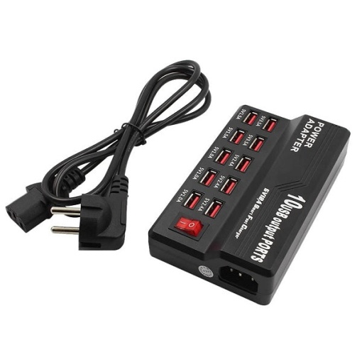 Statie de Incarcare 60W cu 10 Porturi Smart USB, Fast Charging, Universal, Negru