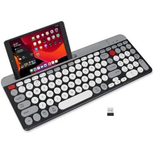 Tastatura wireless cu bluetooth si suport tableta/telefon, Negru-Alb-Gri