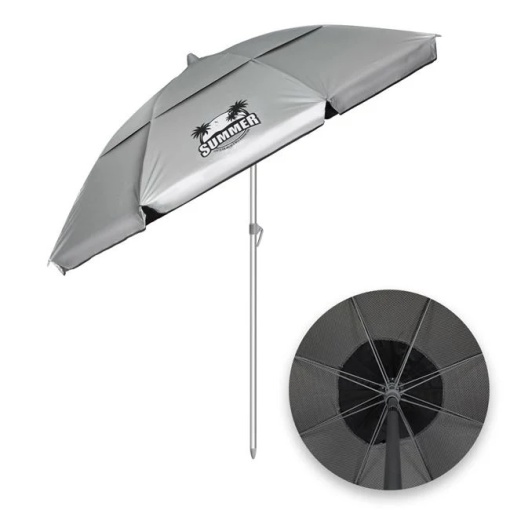 Umbrela Plaja Anti Vant, protectie solara UPF 50+, Cadru din Aluminiu, Ø2m, Argintiu-Negru