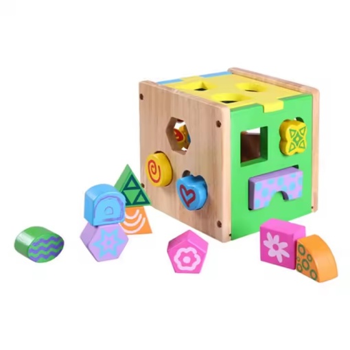 Cub educativ, de sortare forme si cifre, pentru copii 1 an+, din lemn, 15x15 cm, multicolor